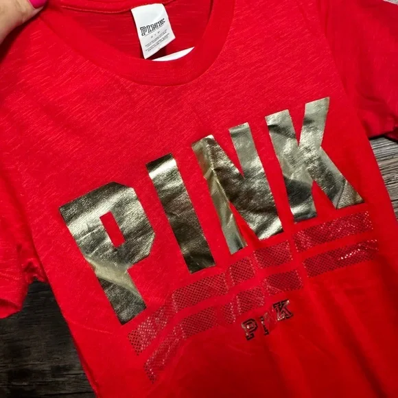 PINK Victoria's Secret Red and Gold Graphic Tee - Picture 6 of 8